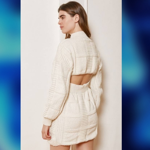 LULU'S Patchwork It Cream Cable Knit Cutout Sweater Dress/ M. - Picture 4 of 14